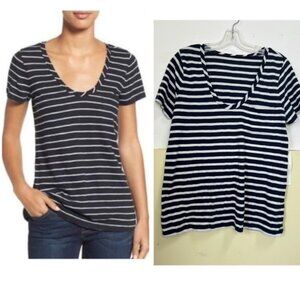 Caslon NEW Striped Cotton Modal V-Neck Pocket Boxy Shirt Top Lightweight White L